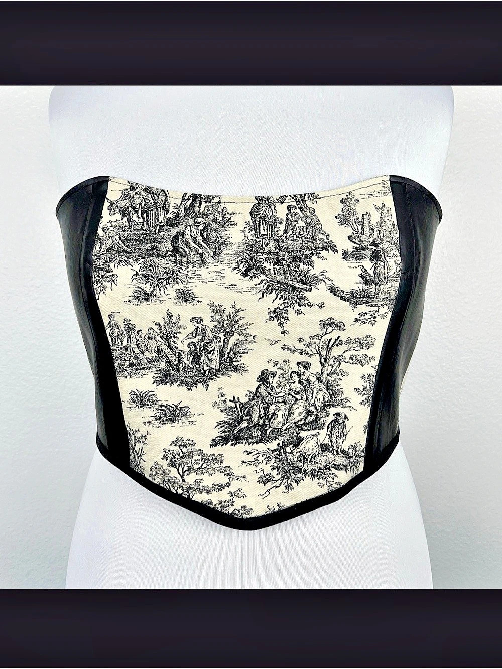 Handmade Black Faux Leather Toile Print Corset Top OOAK